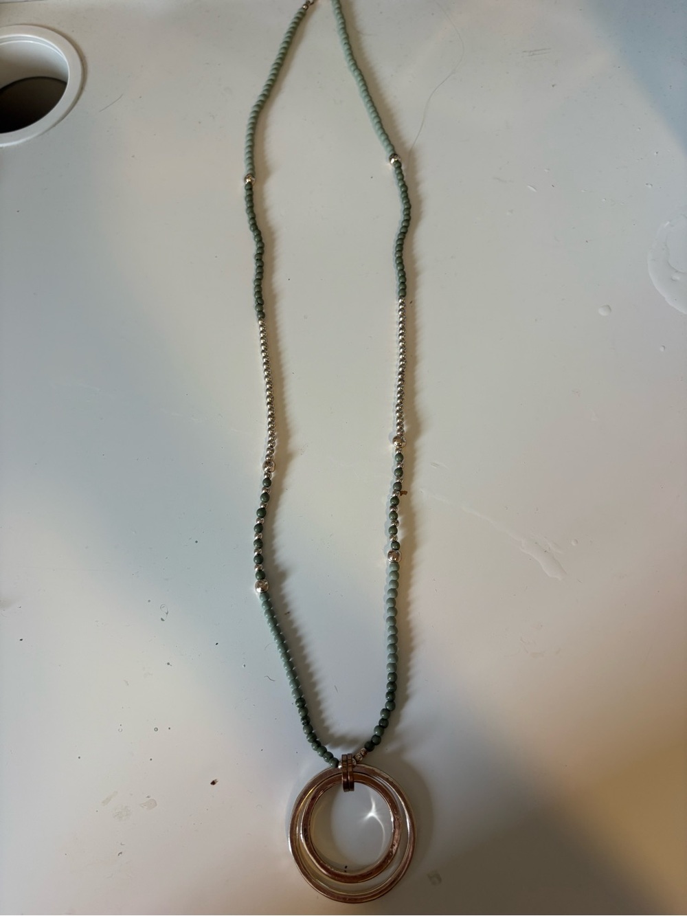 Green Beaded Necklace with Double Ring Pendant